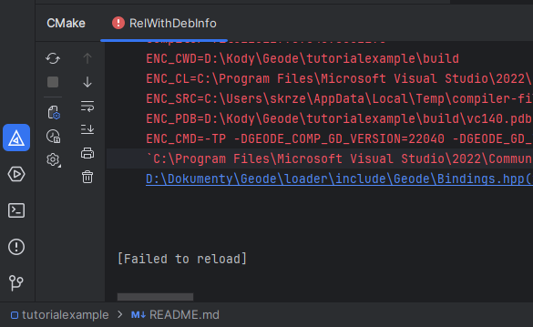 Image showing the failed CMake run output