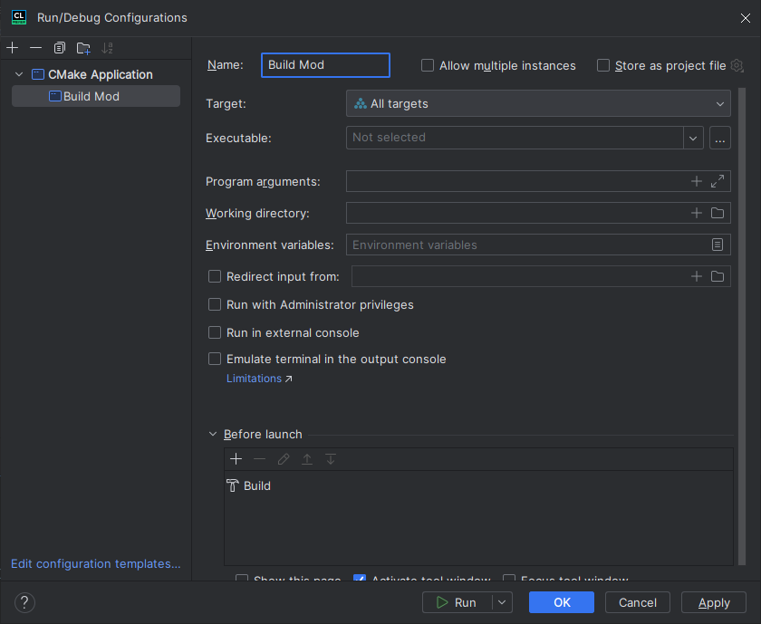 Image showing the CLion Run/Debug Configurations window with a configuration set up to compile the mod