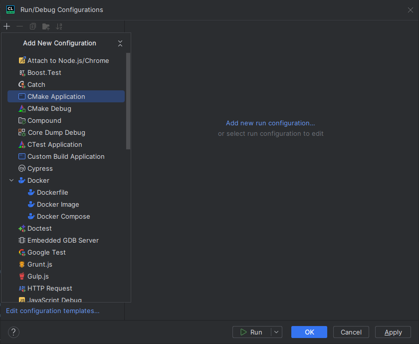 Image showing the CLion Run/Debug Configurations window