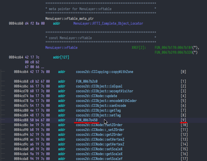 Picture showing MenuLayer’s vtable open in Ghidra, focused on the index #9 which shows a function named FUN_005907b0 surrounded by other functions with human-readable names