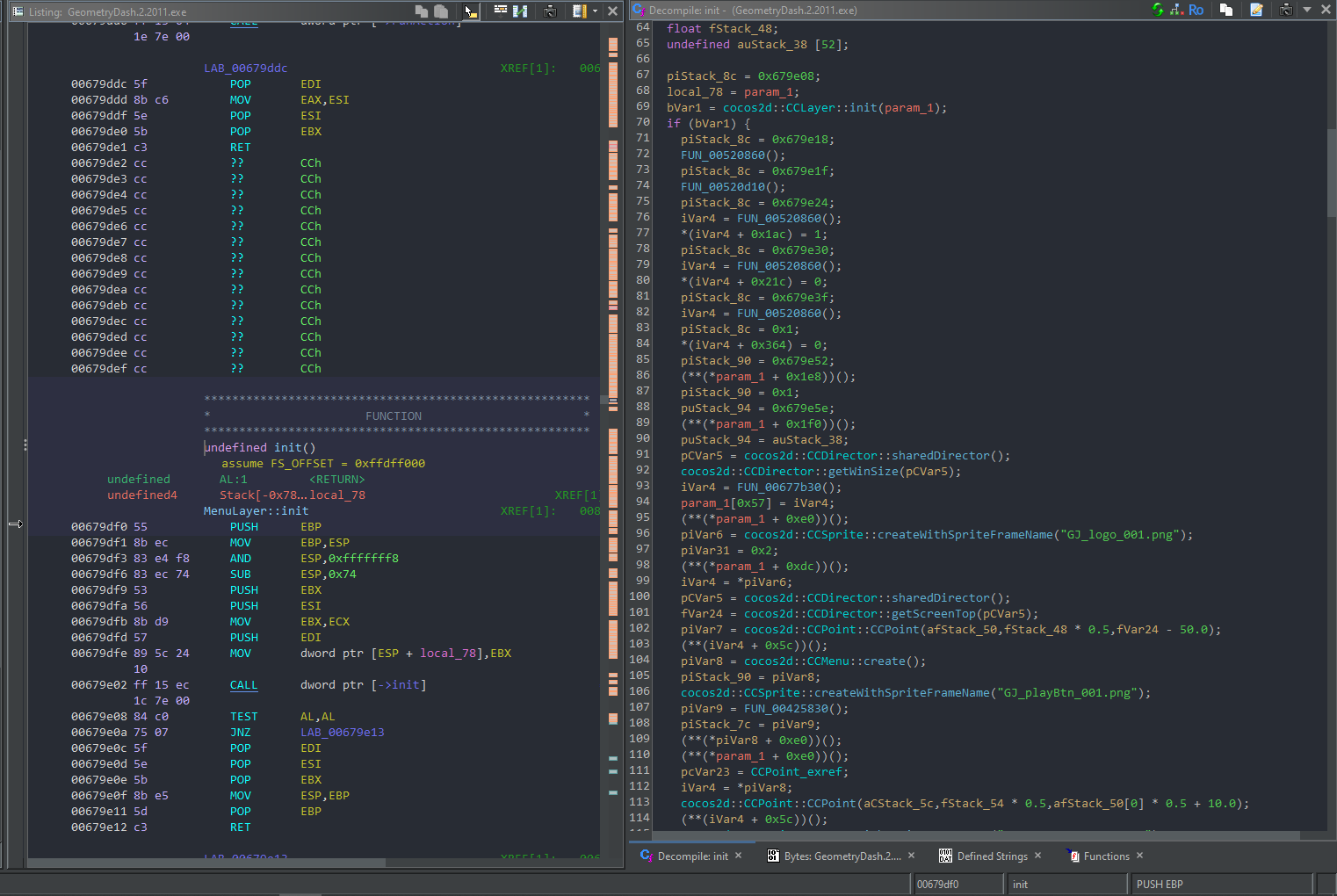 Picture showing MenuLayer::init’s decompiled code open in Ghidra