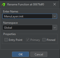 Picture showing renaming MenuLayer::init in Ghidra